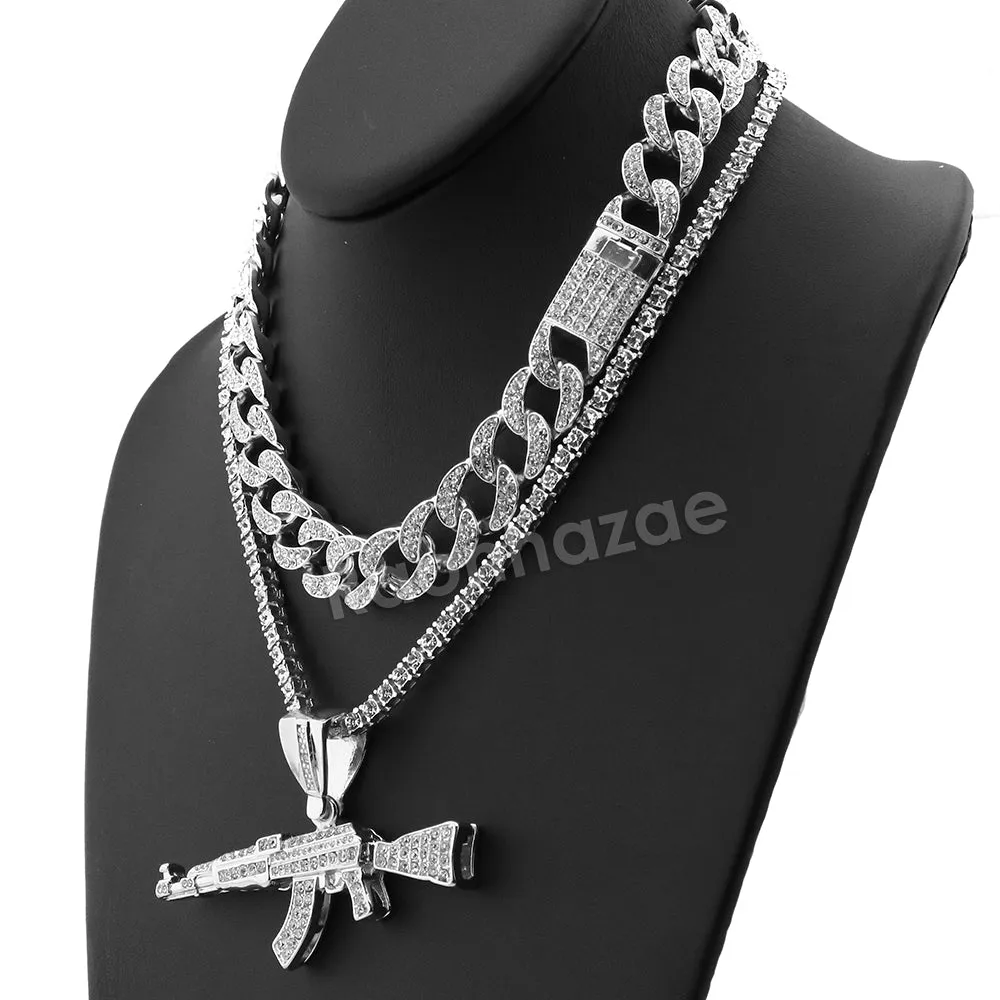 Hip Hop Quavo AK47 Miami Cuban Choker Tennis Chain Necklace L13