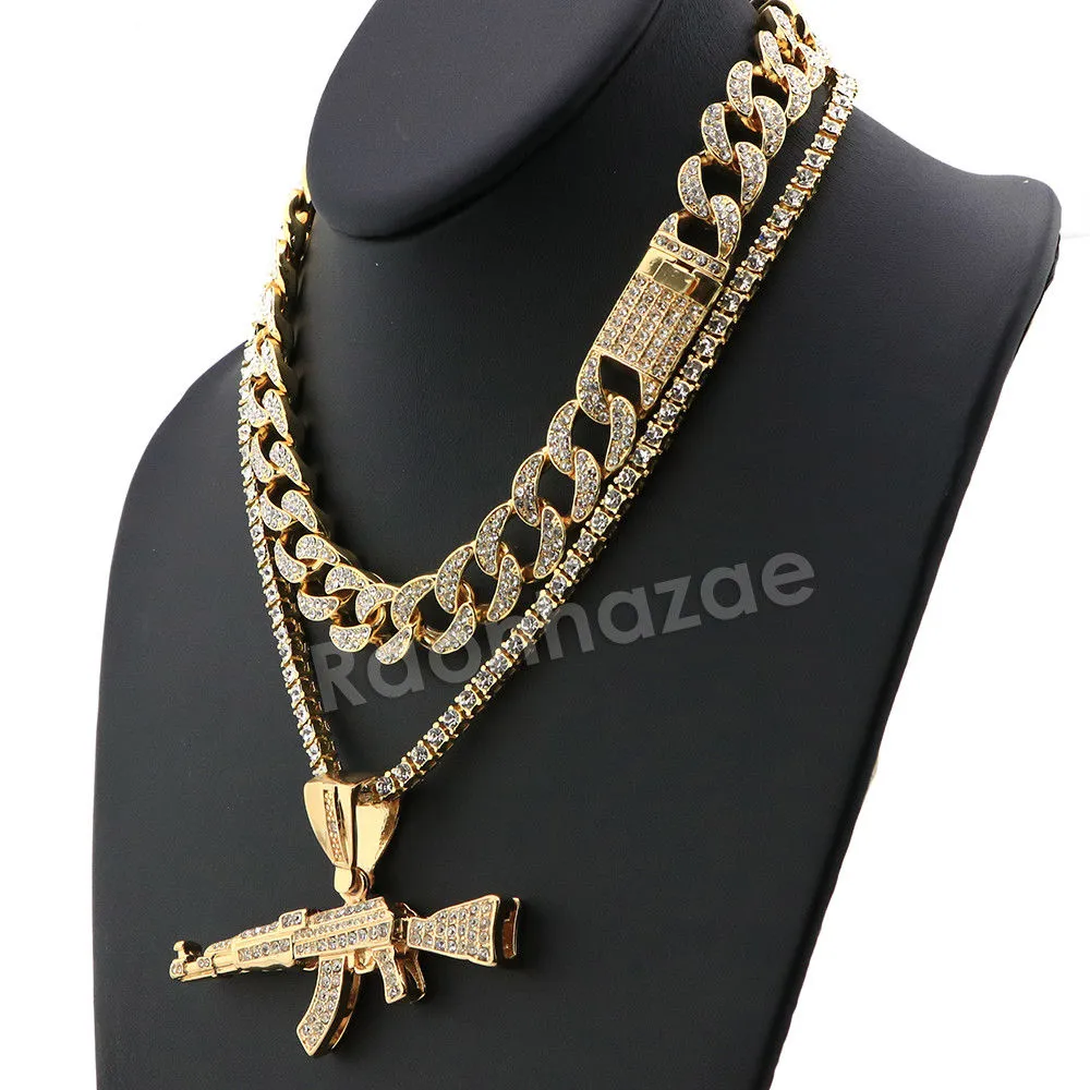 Hip Hop Quavo AK47 Miami Cuban Choker Tennis Chain Necklace L13