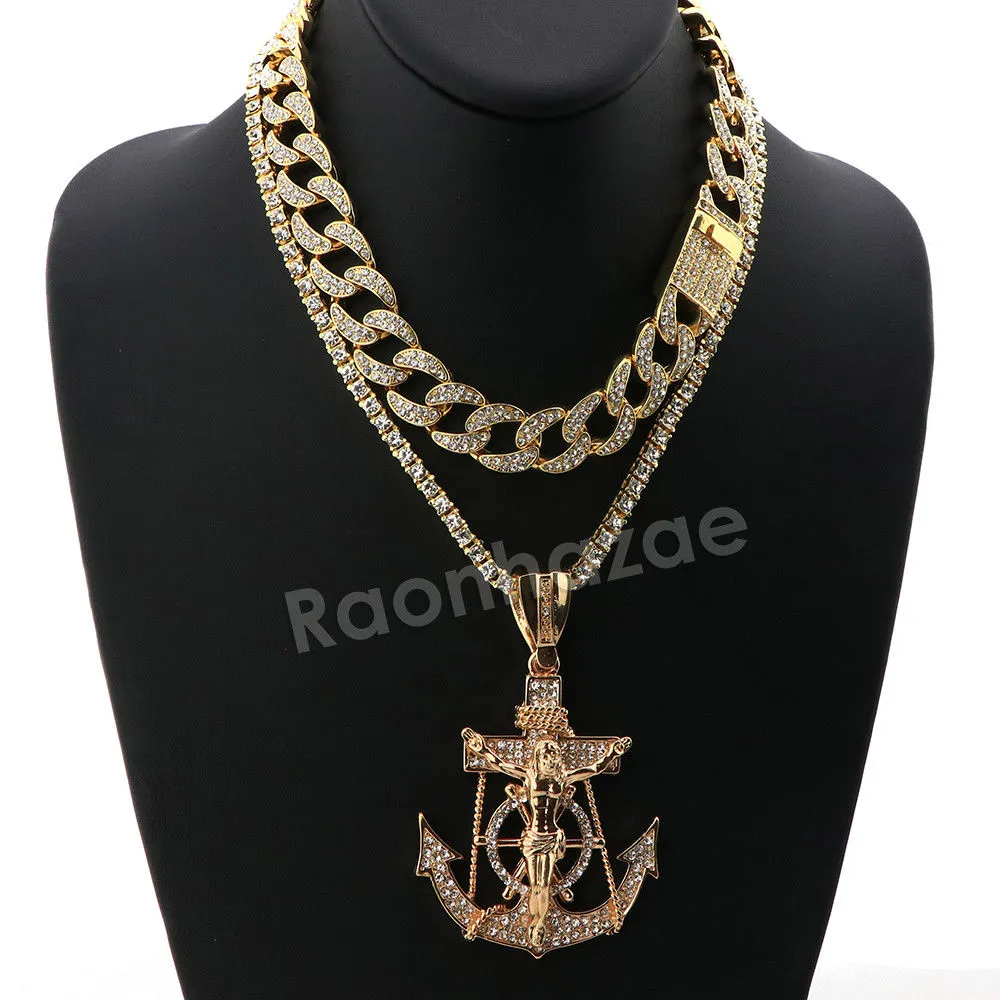 Hip Hop Quavo Anchor Crucifix Miami Cuban Choker Chain Necklace L56