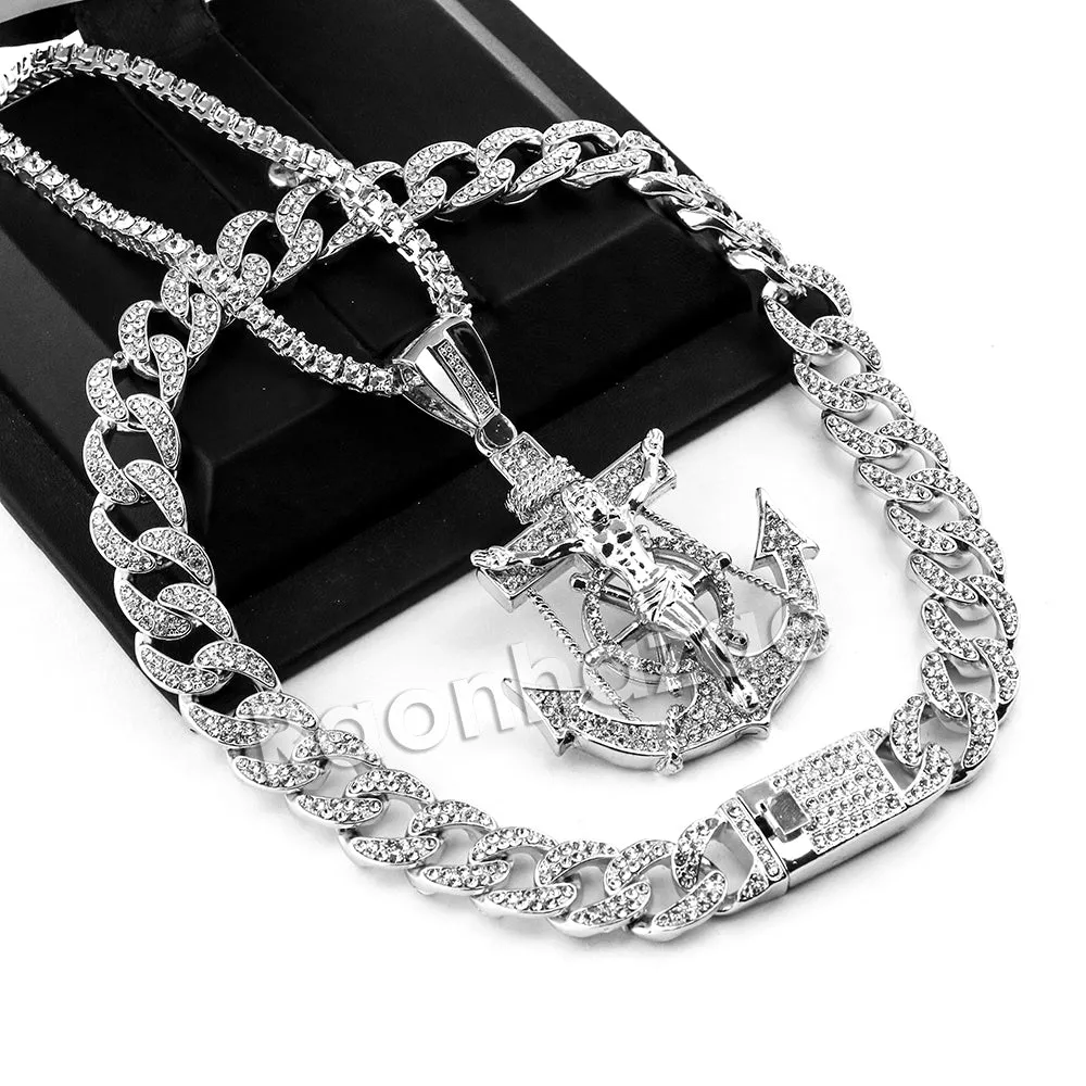 Hip Hop Quavo Anchor Crucifix Miami Cuban Choker Chain Necklace L56