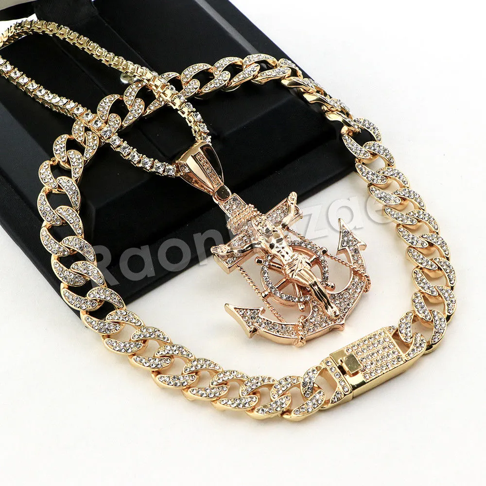 Hip Hop Quavo Anchor Crucifix Miami Cuban Choker Chain Necklace L56