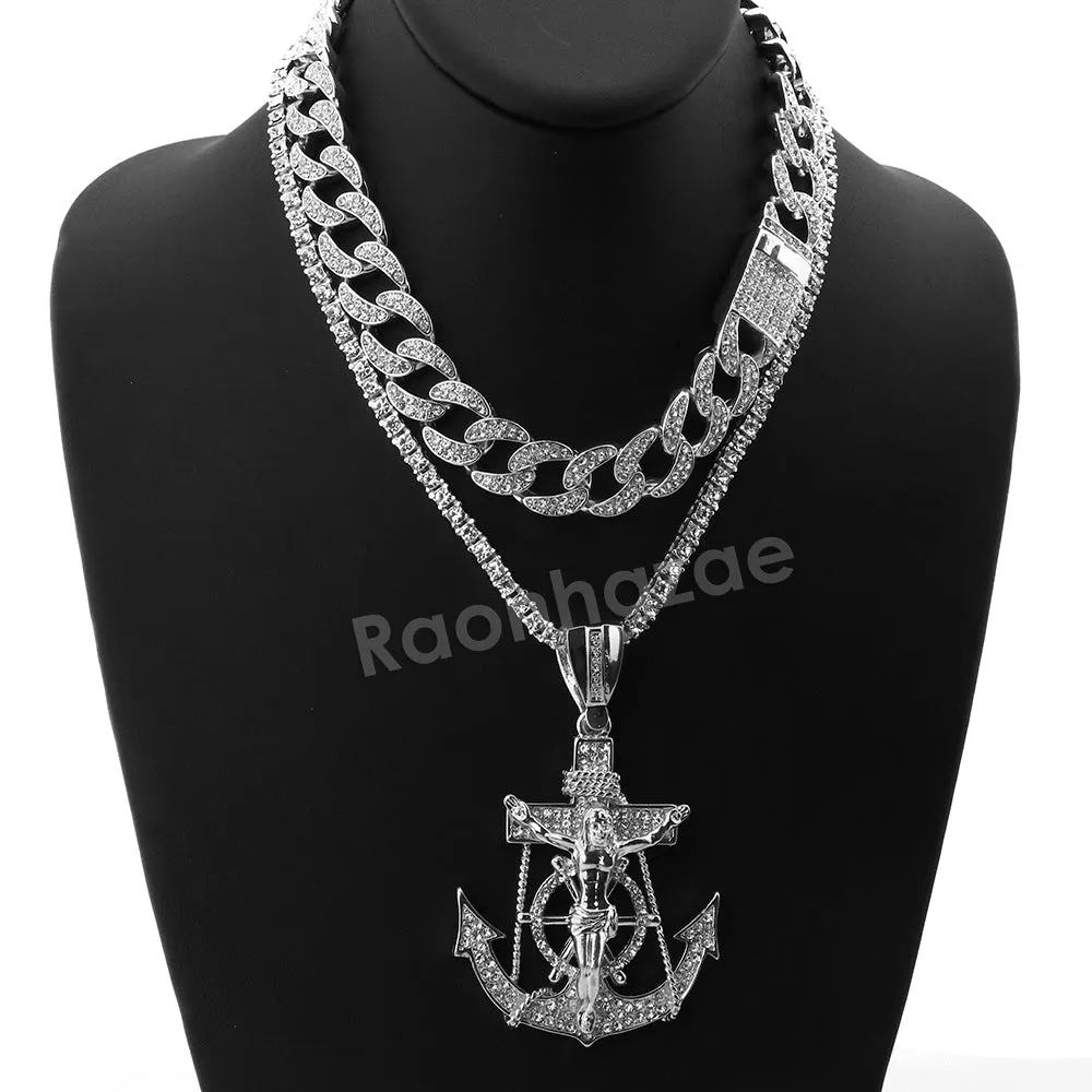 Hip Hop Quavo Anchor Crucifix Miami Cuban Choker Chain Necklace L56