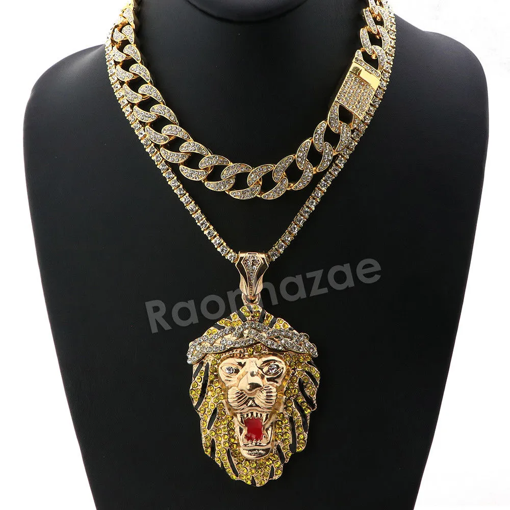 Hip Hop Quavo FEROCIOUS LION Miami Cuban Choker Tennis Chain Necklace L24