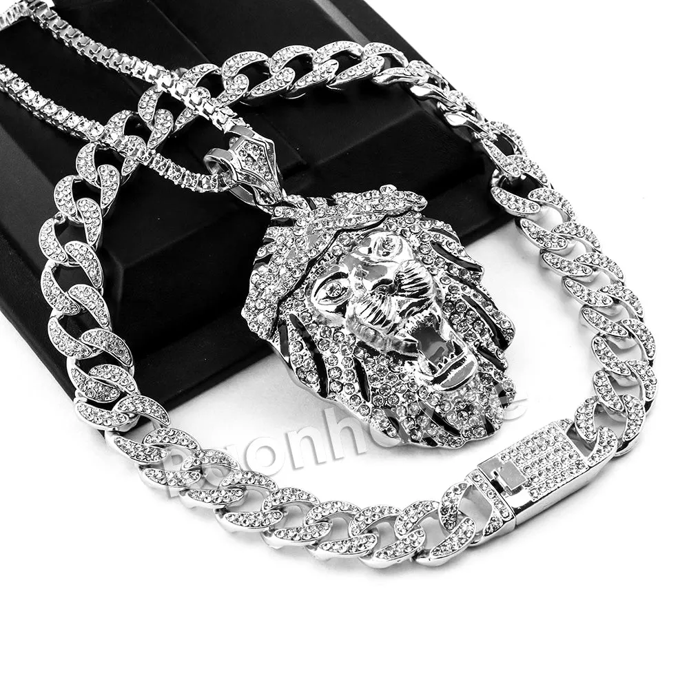 Hip Hop Quavo FEROCIOUS LION Miami Cuban Choker Tennis Chain Necklace L24