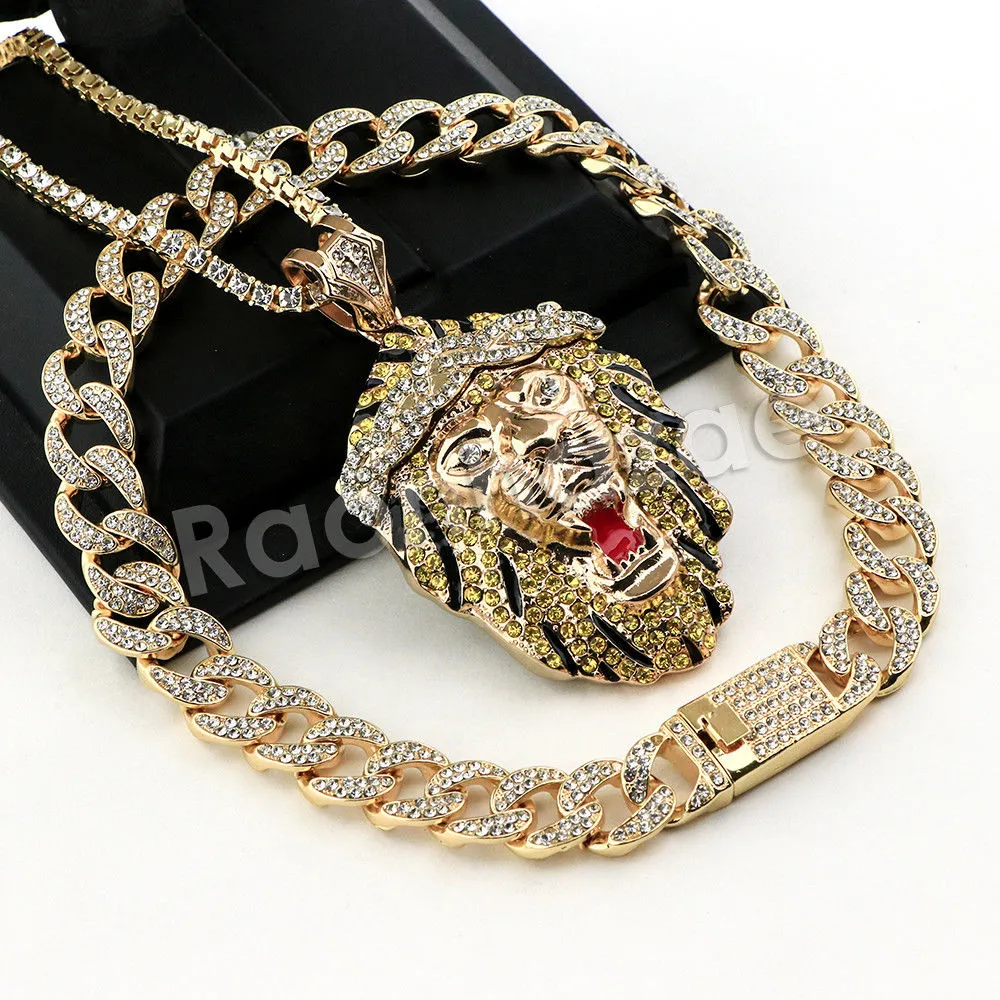 Hip Hop Quavo FEROCIOUS LION Miami Cuban Choker Tennis Chain Necklace L24
