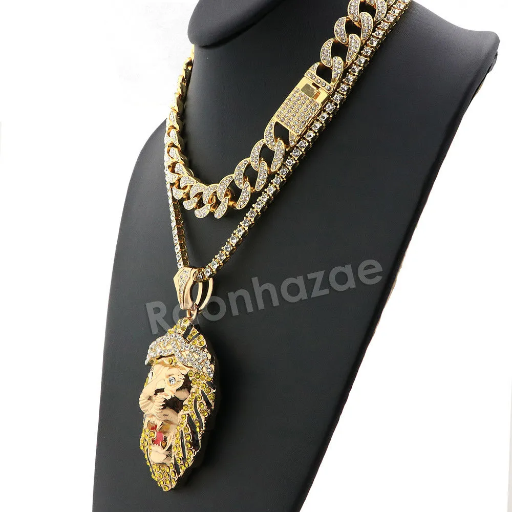 Hip Hop Quavo FEROCIOUS LION Miami Cuban Choker Tennis Chain Necklace L24