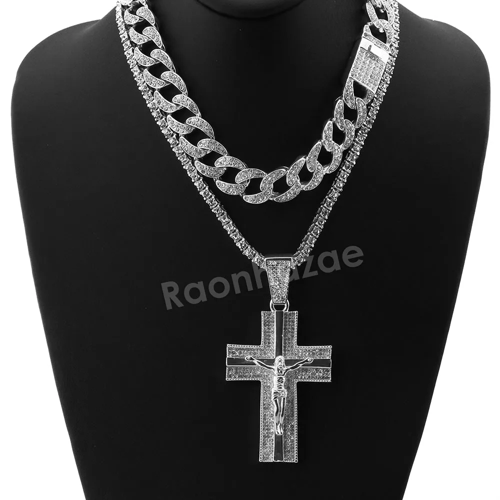 Hip Hop Quavo Jesus Crucifix Miami Cuban Choker Tennis Chain Necklace L18