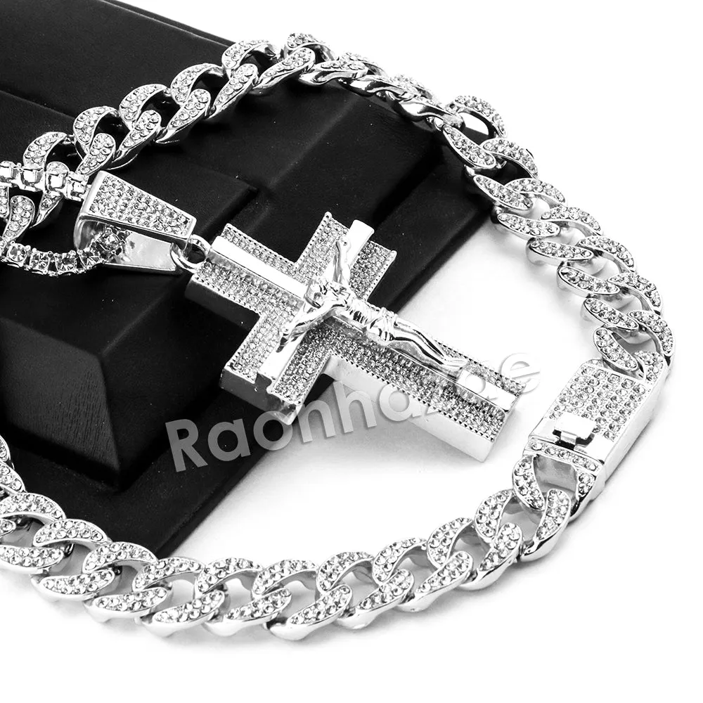 Hip Hop Quavo Jesus Crucifix Miami Cuban Choker Tennis Chain Necklace L18
