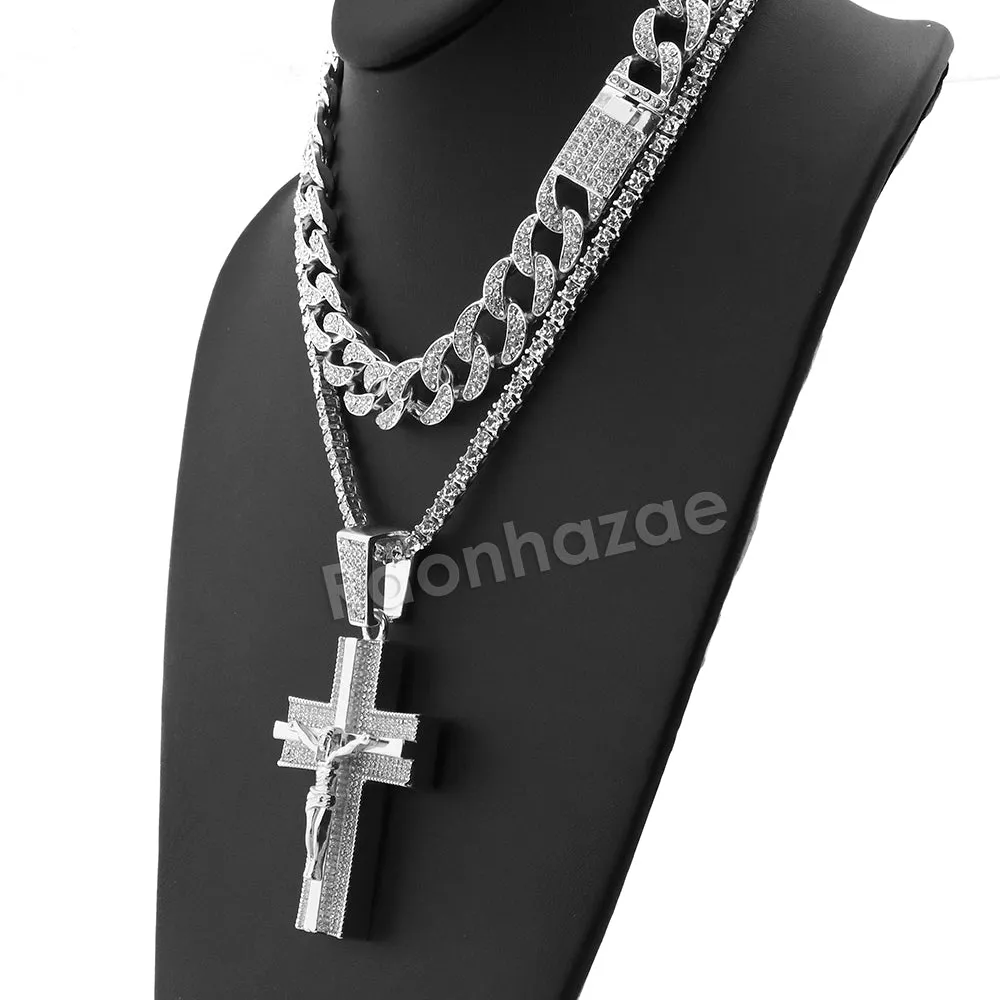 Hip Hop Quavo Jesus Crucifix Miami Cuban Choker Tennis Chain Necklace L18