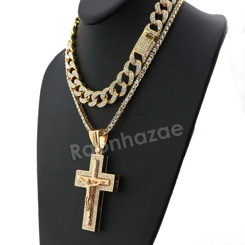 Hip Hop Quavo Jesus Crucifix Miami Cuban Choker Tennis Chain Necklace L18