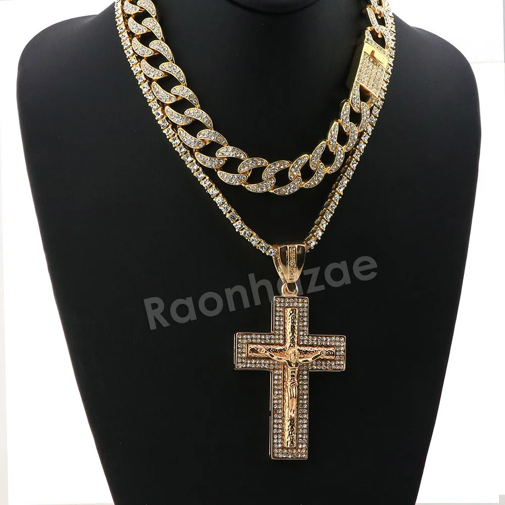 Hip Hop Quavo Jesus Crucifix Miami Cuban Choker Tennis Chain Necklace L18