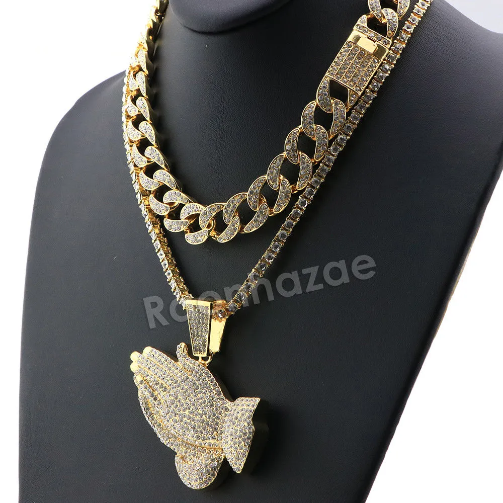 Hip Hop Quavo PRAYING HANDS Miami Cuban Choker Tennis Chain Necklace L03