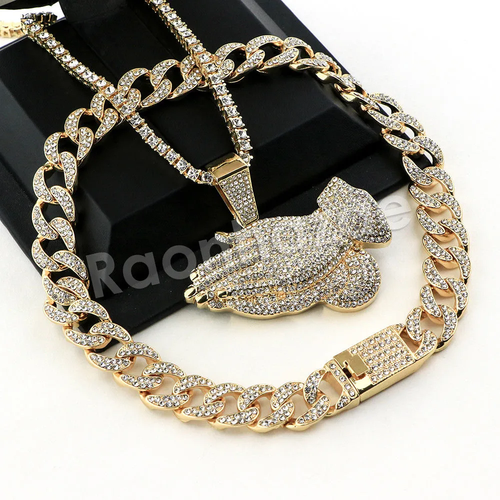Hip Hop Quavo PRAYING HANDS Miami Cuban Choker Tennis Chain Necklace L03
