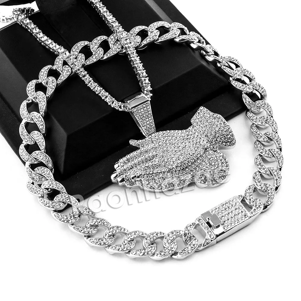 Hip Hop Quavo PRAYING HANDS Miami Cuban Choker Tennis Chain Necklace L03