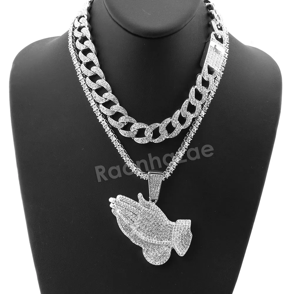 Hip Hop Quavo PRAYING HANDS Miami Cuban Choker Tennis Chain Necklace L03
