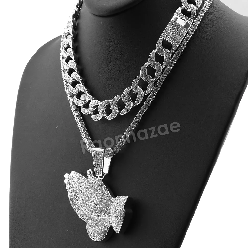 Hip Hop Quavo PRAYING HANDS Miami Cuban Choker Tennis Chain Necklace L03