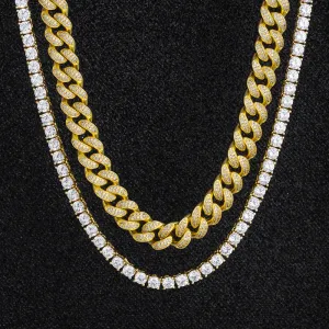Iced Out Cuban Link Chain and Tennis Chain Set in 14K Gold KRKC