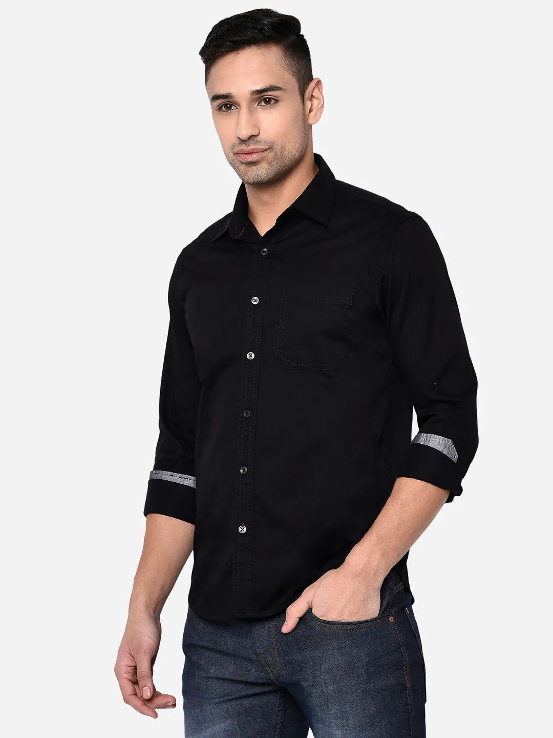 Jet Black Solid Slim Fit Semi Casual Shirt | Greenfibre