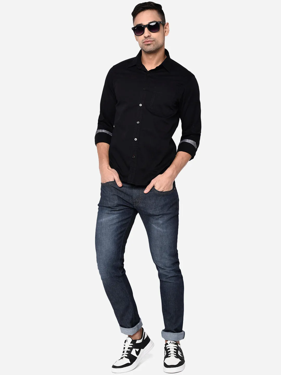 Jet Black Solid Slim Fit Semi Casual Shirt | Greenfibre