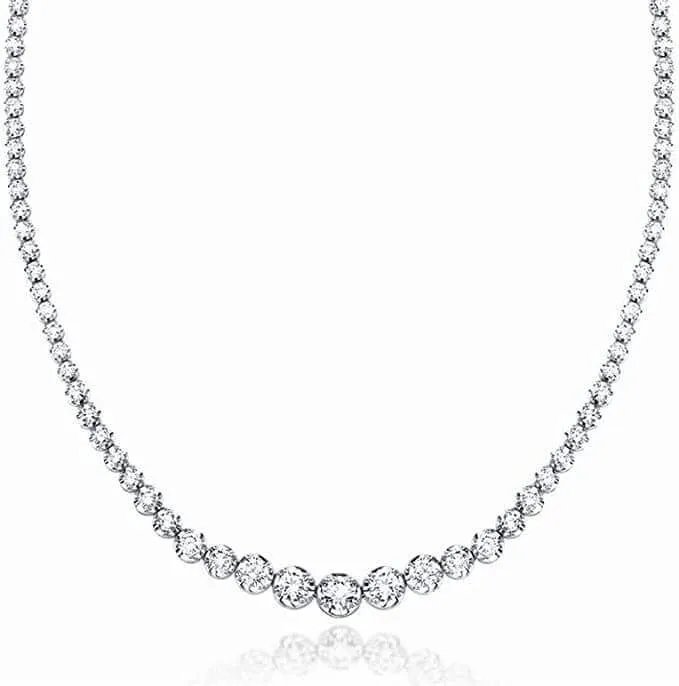 JewelMore 14K White Gold 10 ctw Round Lab Grown Diamond Graduated Riviera Fashion Tennis Necklace (10.00 CTW - SI / VS Clarity)