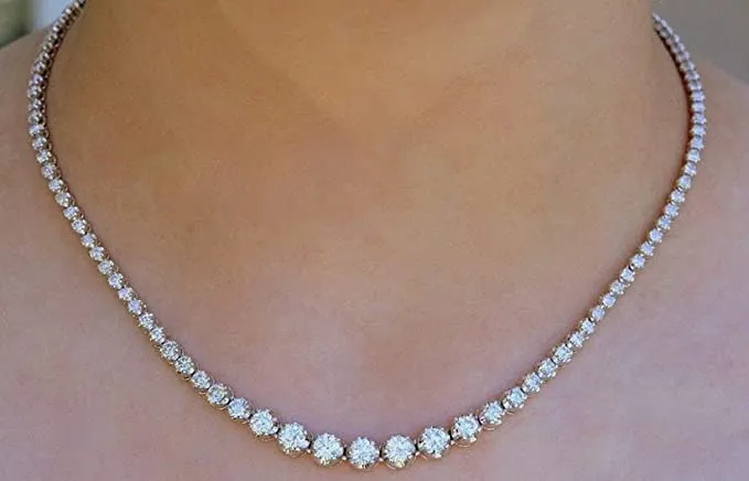 JewelMore 14K White Gold 10 ctw Round Lab Grown Diamond Graduated Riviera Fashion Tennis Necklace (10.00 CTW - SI / VS Clarity)