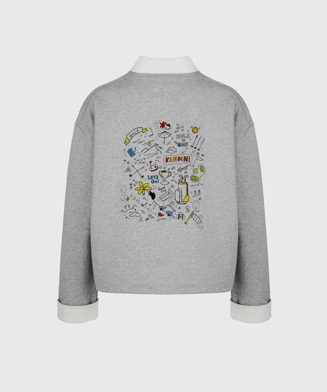 KANDINI Collared Sweatshirt With String (Printed) - Gray