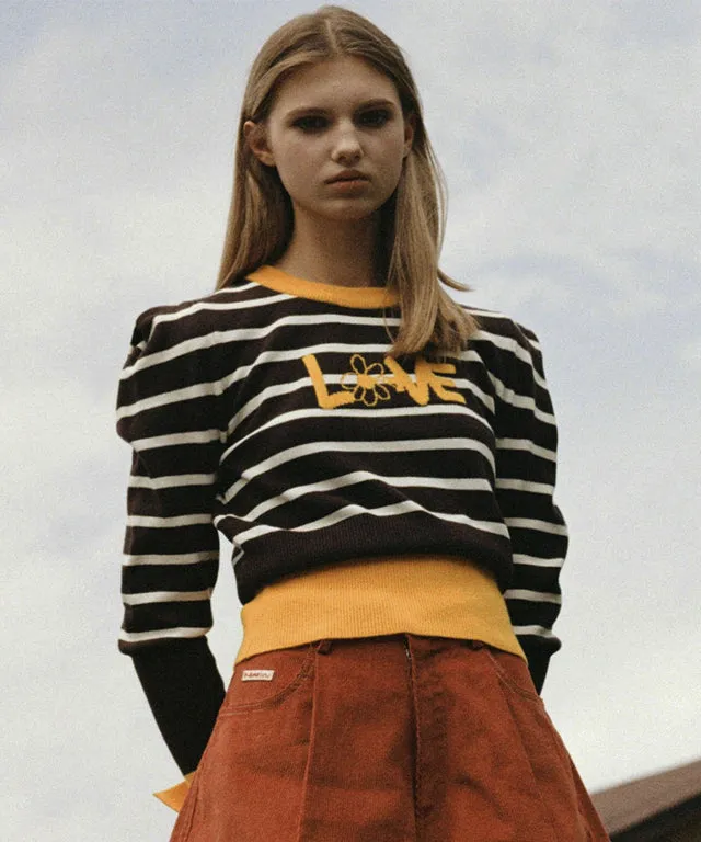 KANDINI Striped Knit With Puff Sleeve - Brown