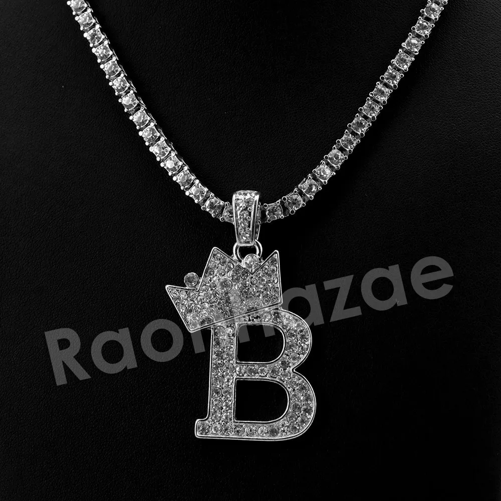 King Crown B Initial Pendant Necklace Set (Silver)