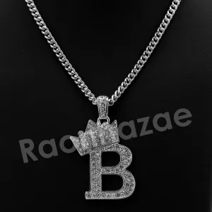 King Crown B Initial Pendant Necklace Set (Silver)