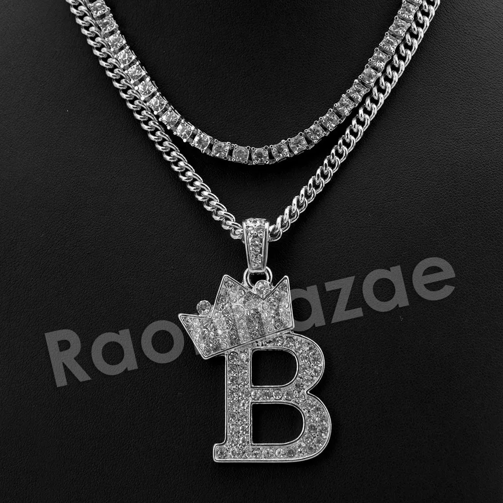 King Crown B Initial Pendant Necklace Set (Silver)