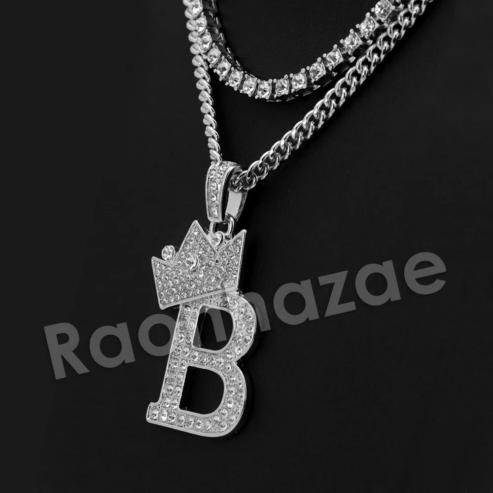 King Crown B Initial Pendant Necklace Set (Silver)