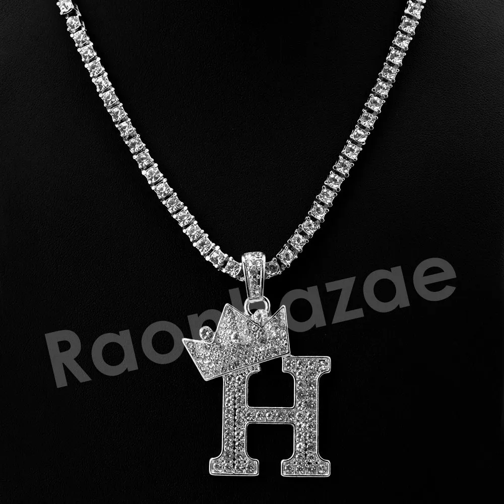 King Crown H Initial Pendant Necklace Set (Silver)