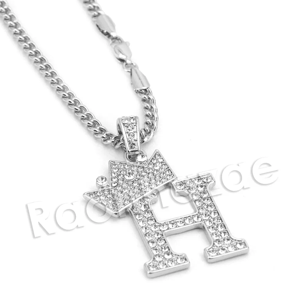 King Crown H Initial Pendant Necklace Set (Silver)