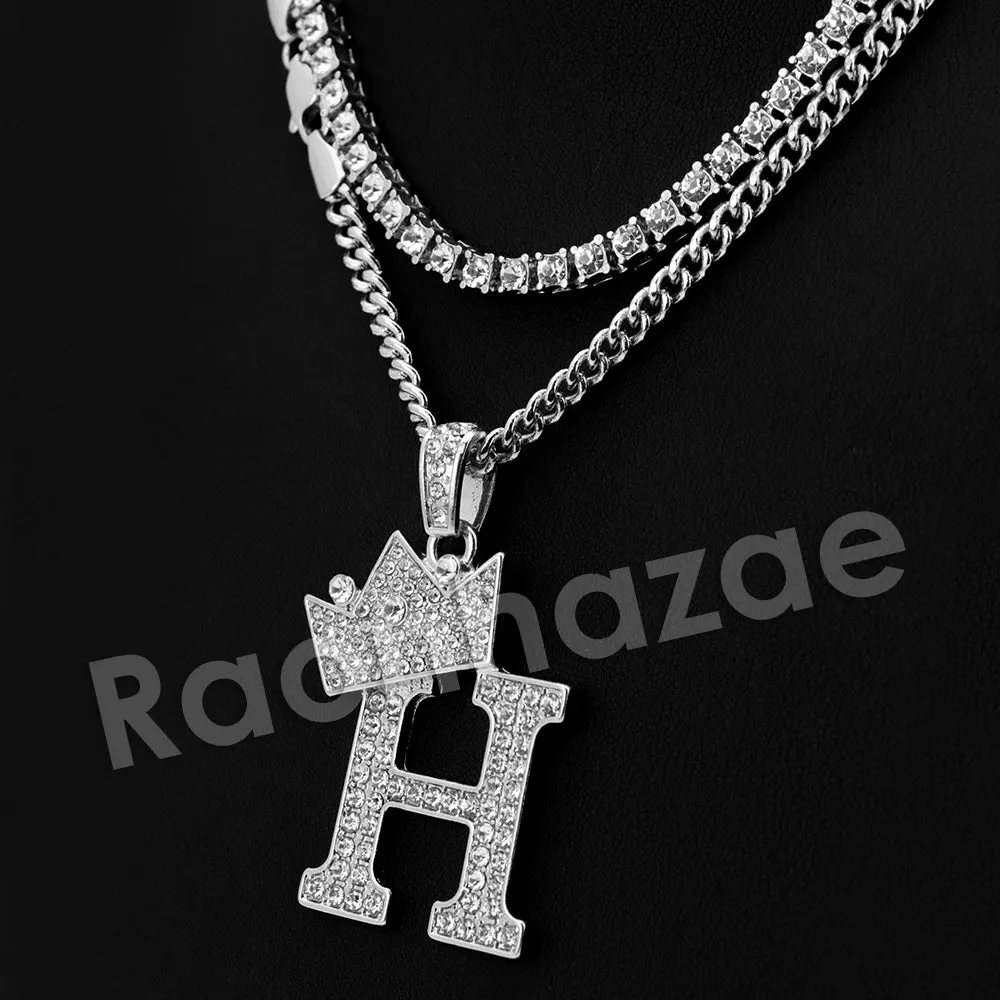 King Crown H Initial Pendant Necklace Set (Silver)