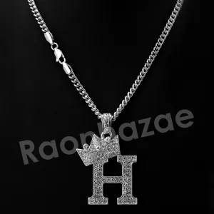 King Crown H Initial Pendant Necklace Set (Silver)