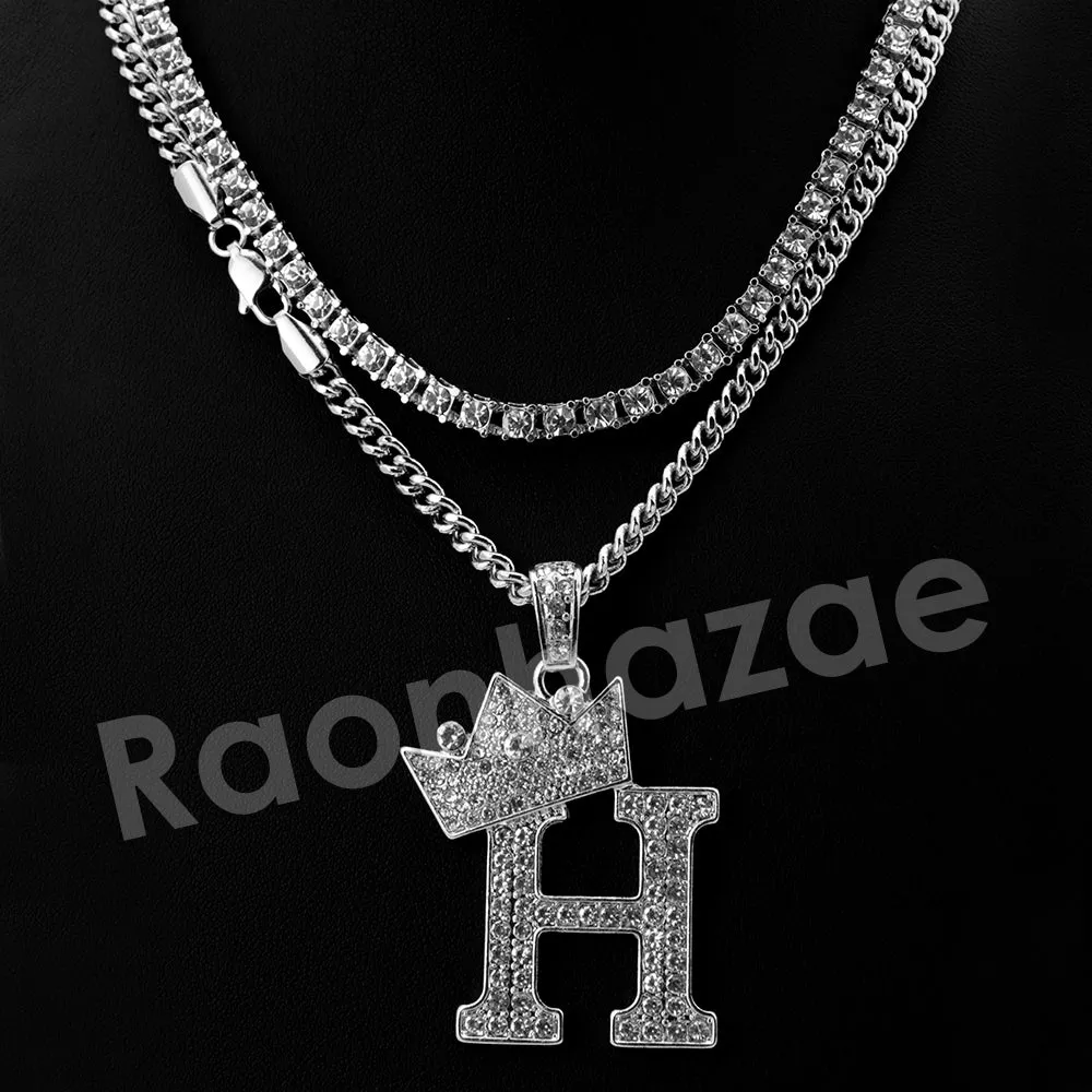 King Crown H Initial Pendant Necklace Set (Silver)