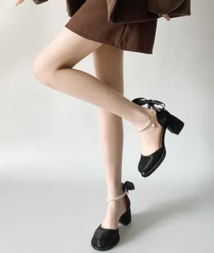 Lace Beaded Bow Chunky Heels Shoes