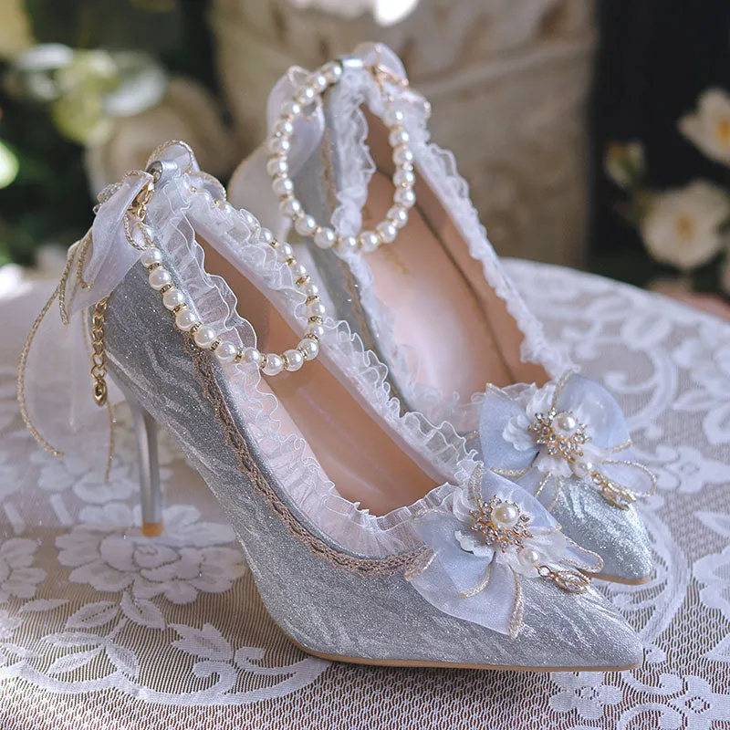 Lace Bow Sparkly Beaded Shoes