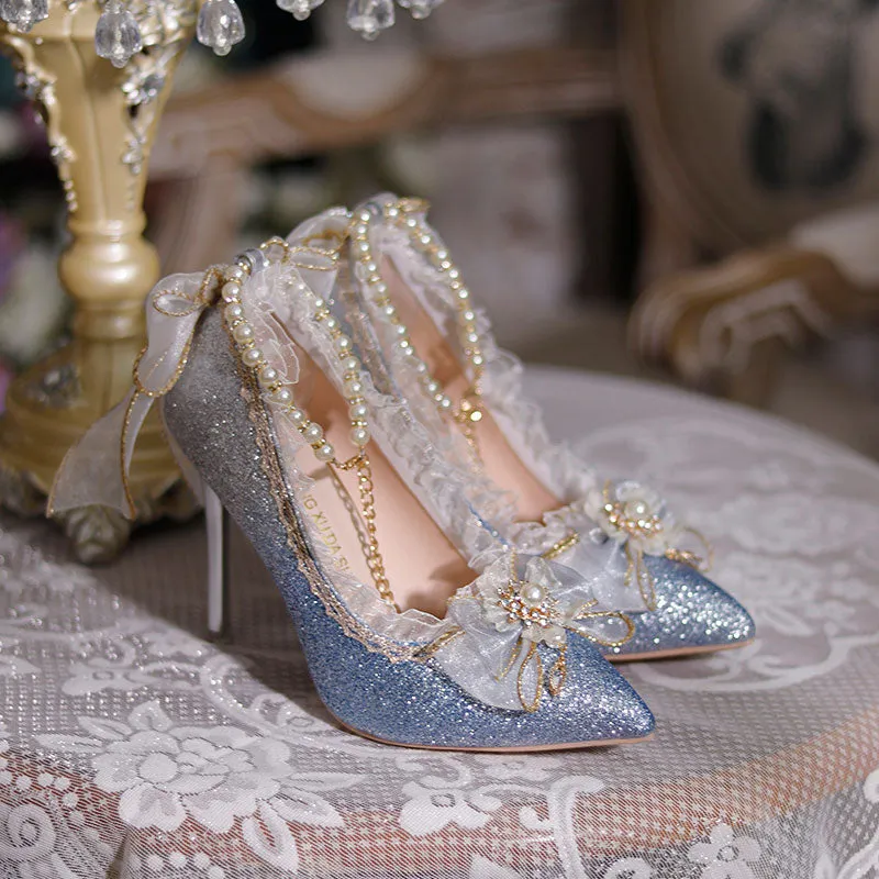 Lace Bow Sparkly Beaded Shoes
