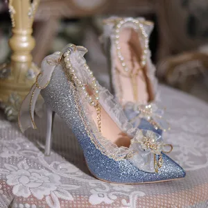 Lace Bow Sparkly Beaded Shoes