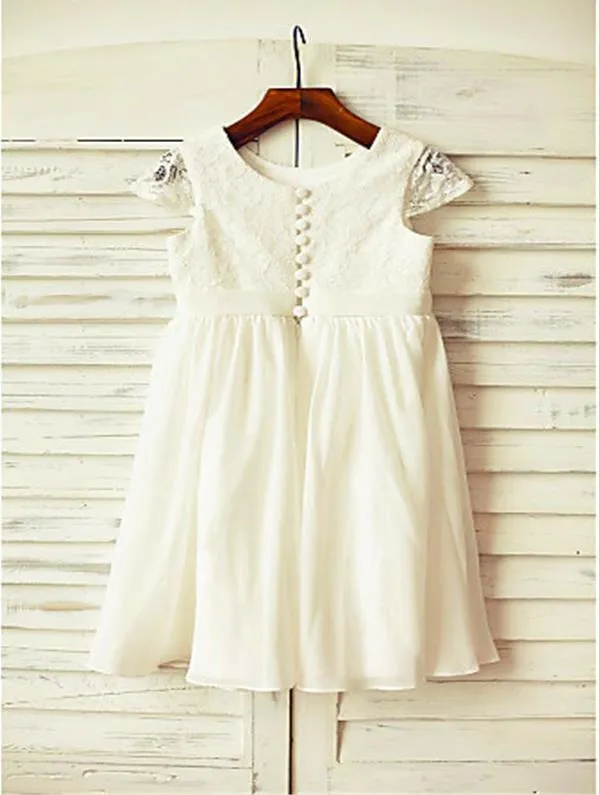 Lace Chiffon Princess Scoop Short Sleeves Flower Girl Dresses Floor Length