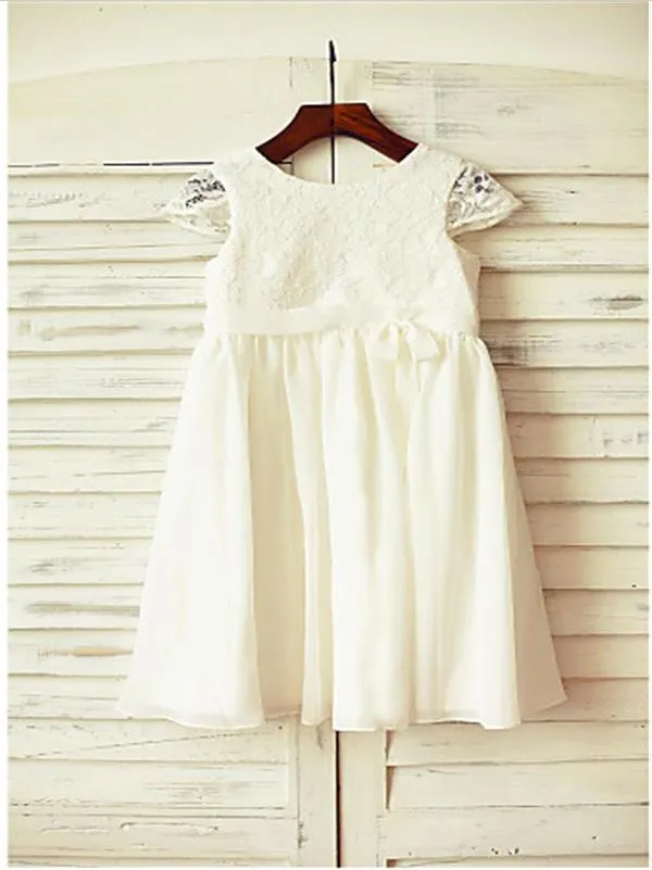 Lace Chiffon Princess Scoop Short Sleeves Flower Girl Dresses Floor Length