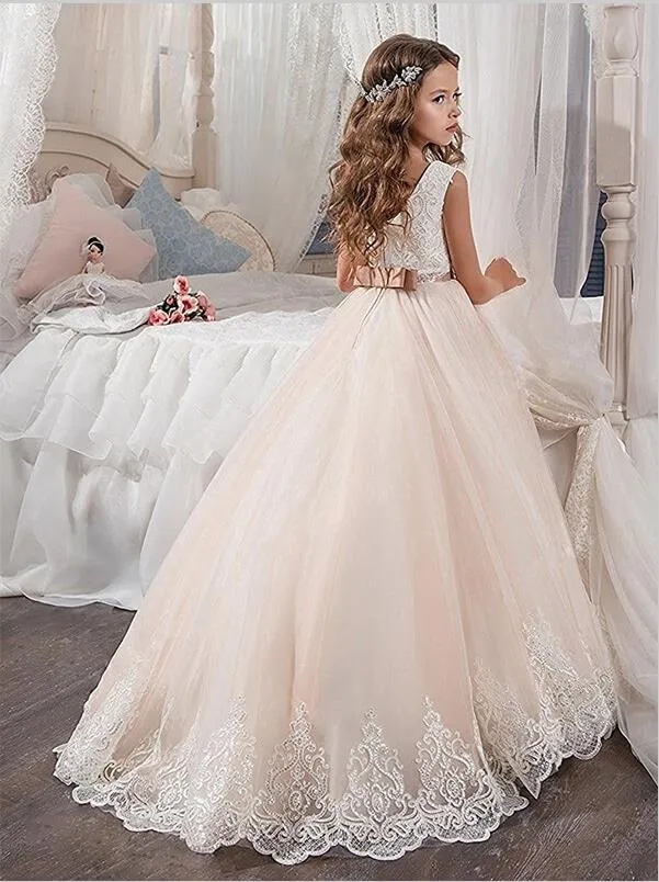 Lace Tulle Jewel Sleeveless Flower Girl Dresses Floor Length Ball Gown