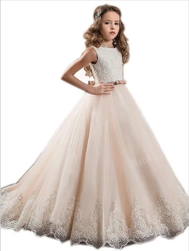 Lace Tulle Jewel Sleeveless Flower Girl Dresses Floor Length Ball Gown