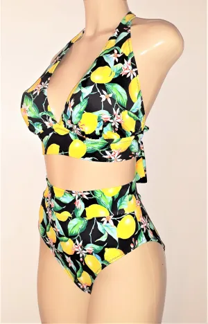 Lemon print tie halter bikini top and High waist-band bikini bottom
