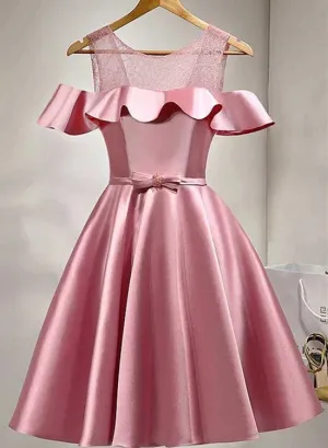 Lovely Pink Satin and Lace Party Dress, Off the Shoulder Homecoming Dress