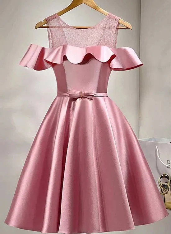 Lovely Pink Satin and Lace Party Dress, Off the Shoulder Homecoming Dress