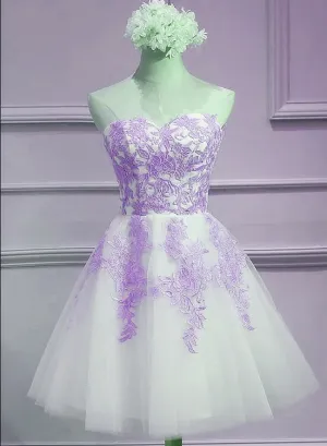 Lovely Sweetheart White Tulle with Purple Lace, Cute Party Dress