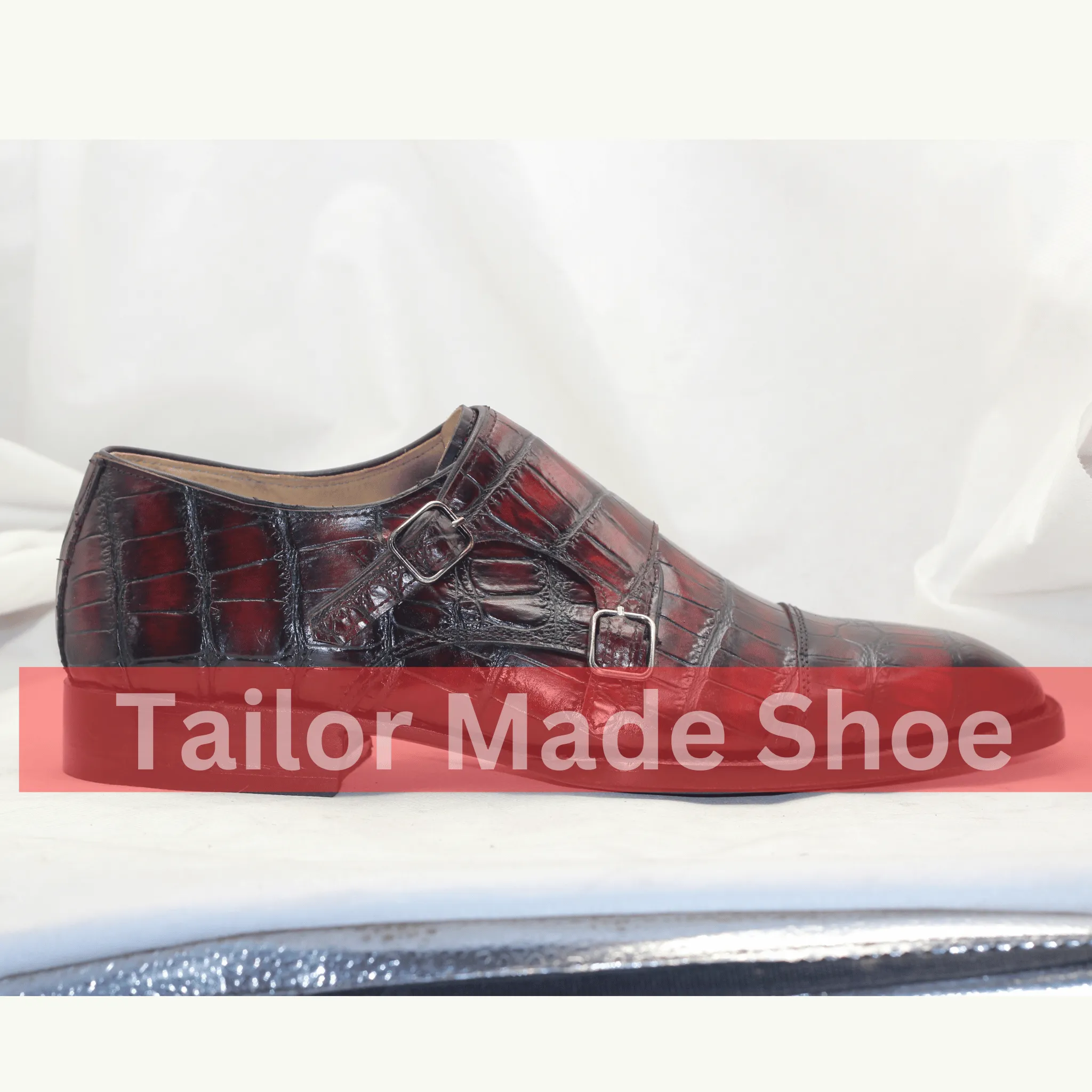 Luxury Handmade Leather Monk Straps – Burgundy Alligator-Style Design for Formal Occasions