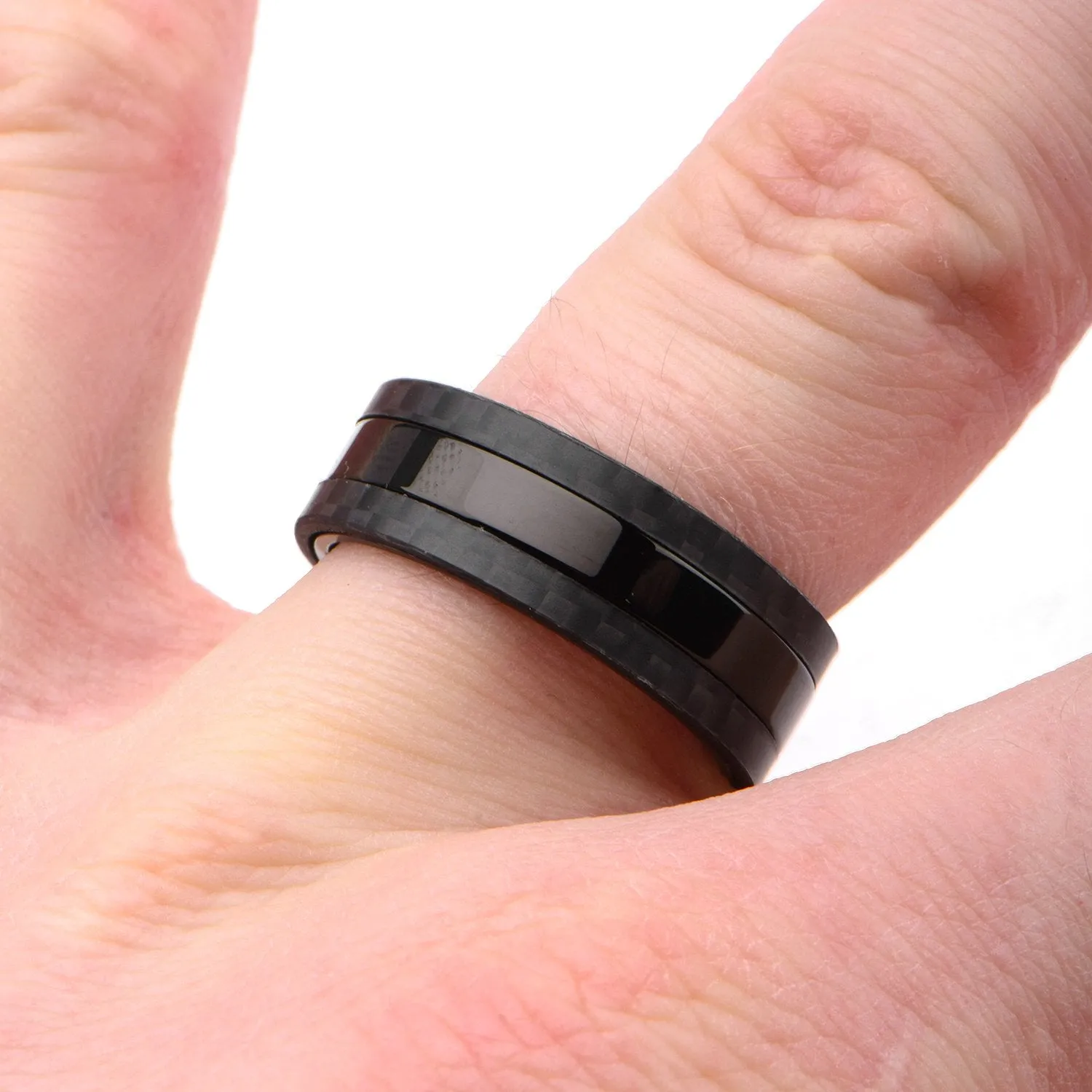 Mens Black IP Center Solid Carbon Fiber Stainless Steel Ring